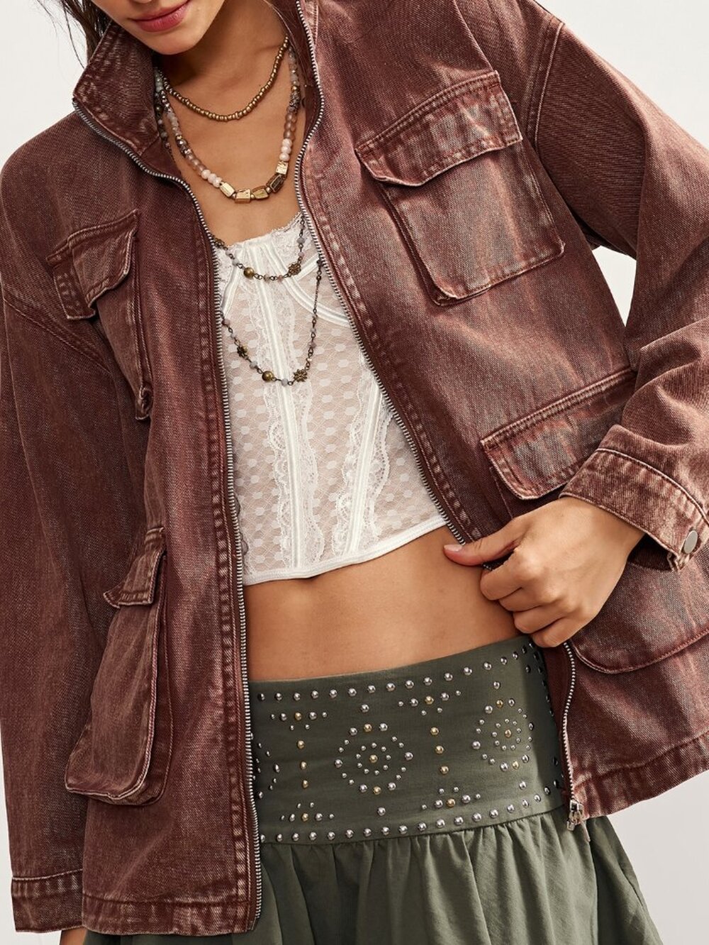 Brown Casual Women's Zipper Long Sleeve Jacket - Picture 4 of 9